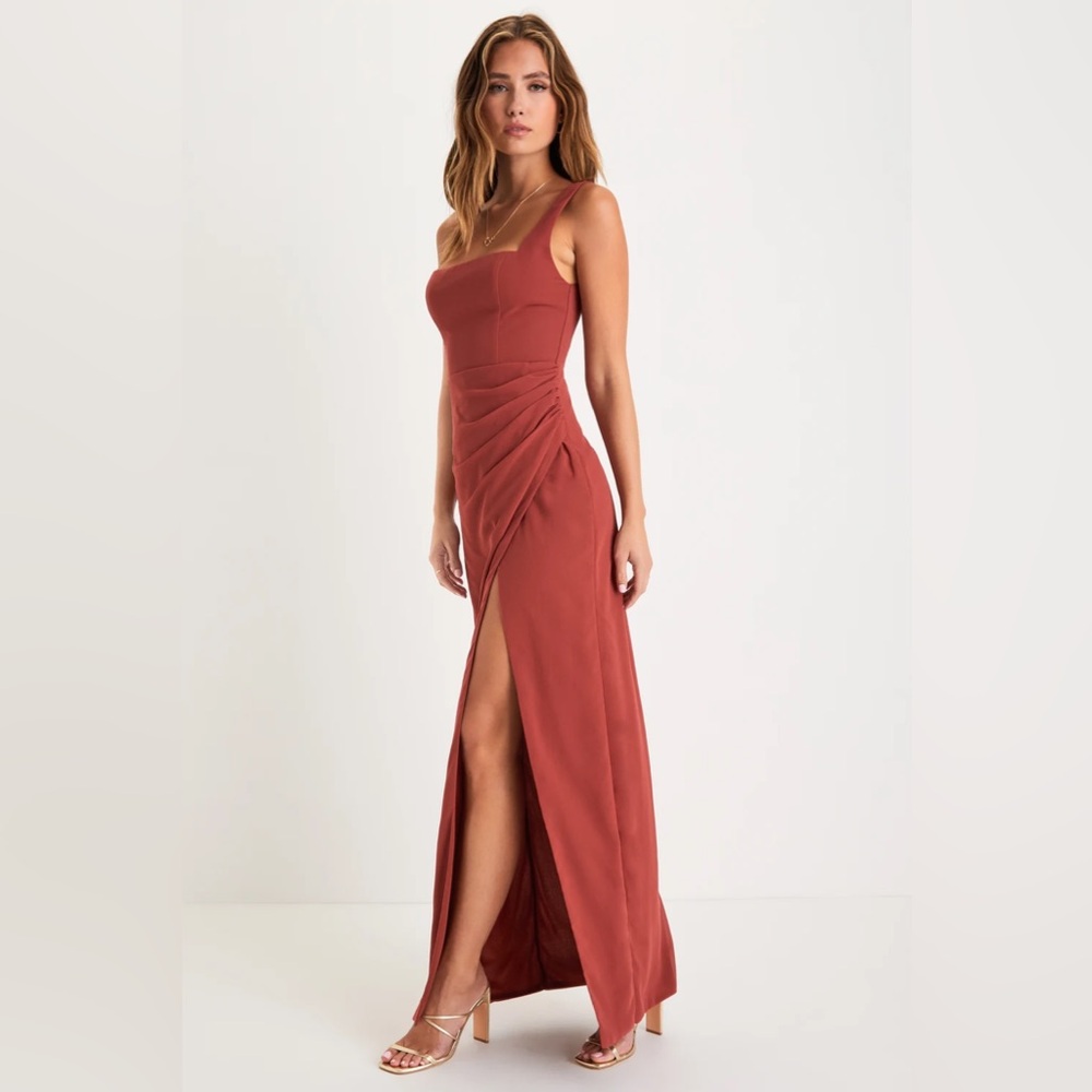 Lulus Glamorous Disposition Rust Ruched Maxi Dress - Picture 4 of 8